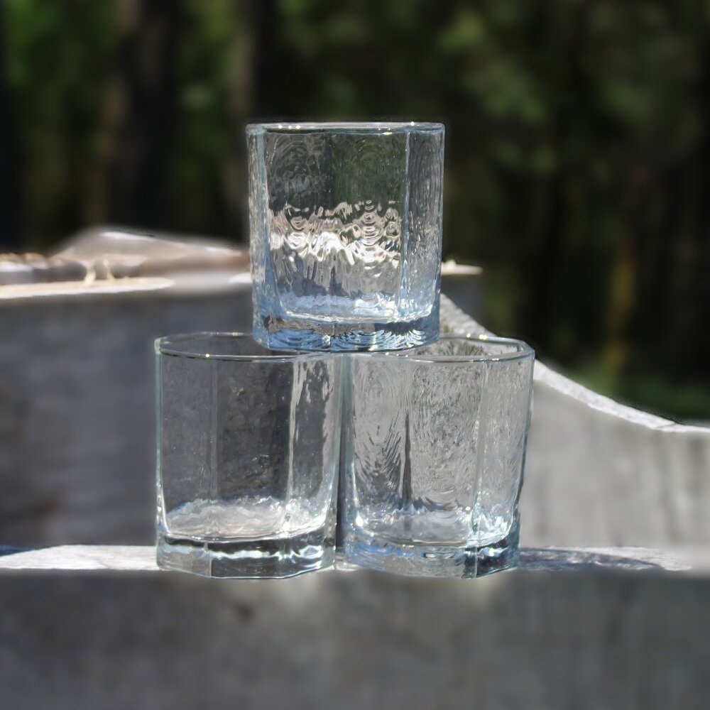 LIBBEY Set of 3 Facets clear Rocks Old Fashioned Glass 3.5” tall Textured